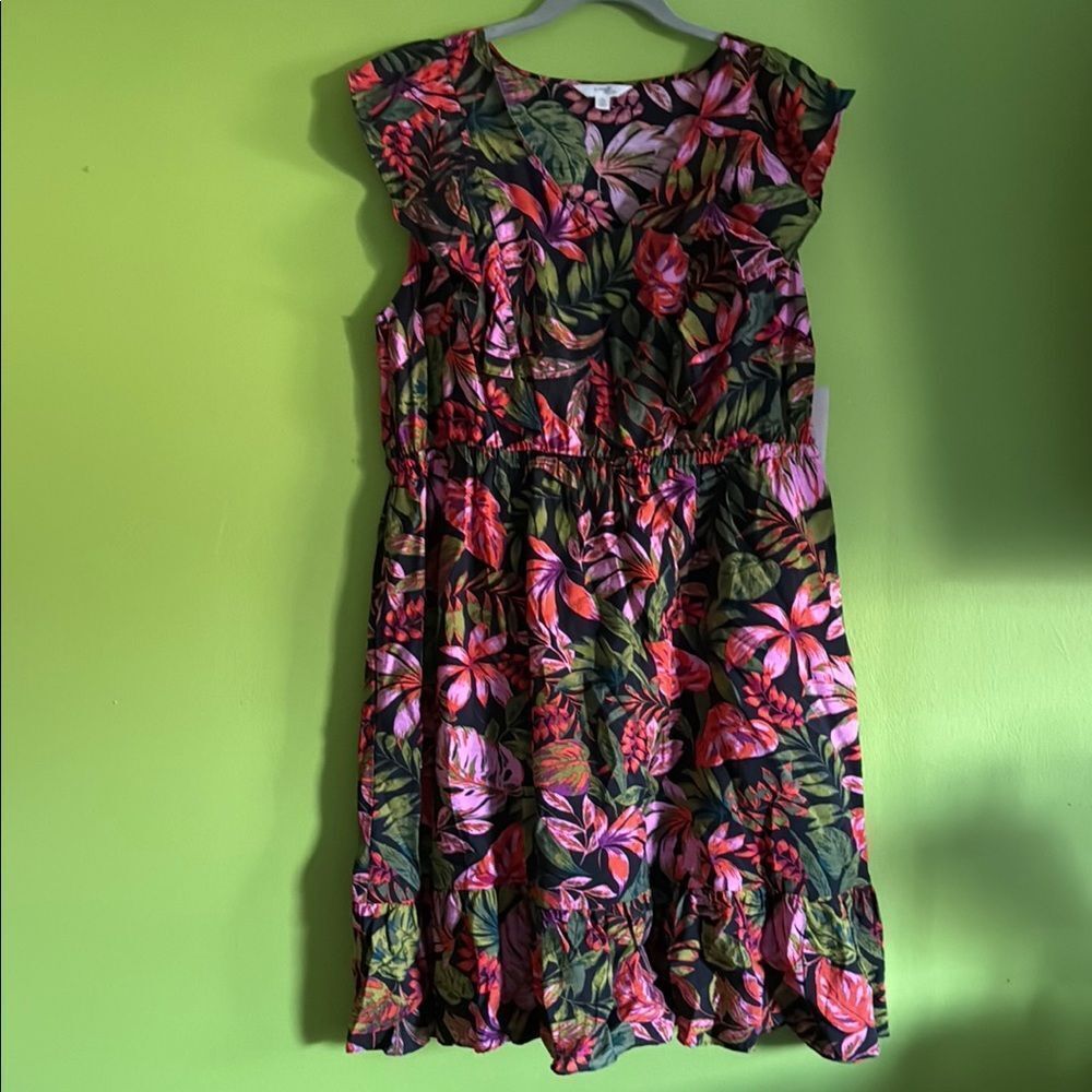 NWT Terra & Sky Multicolor Tropical Floral Print Midi Dress Size 14W